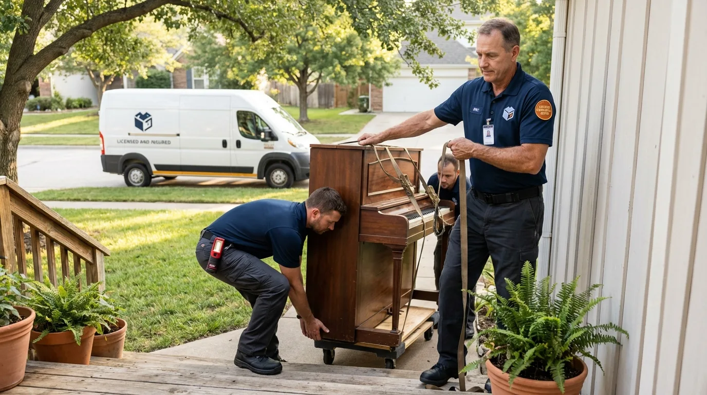 Licensed piano movers securing grand piano in Wausau, WI
