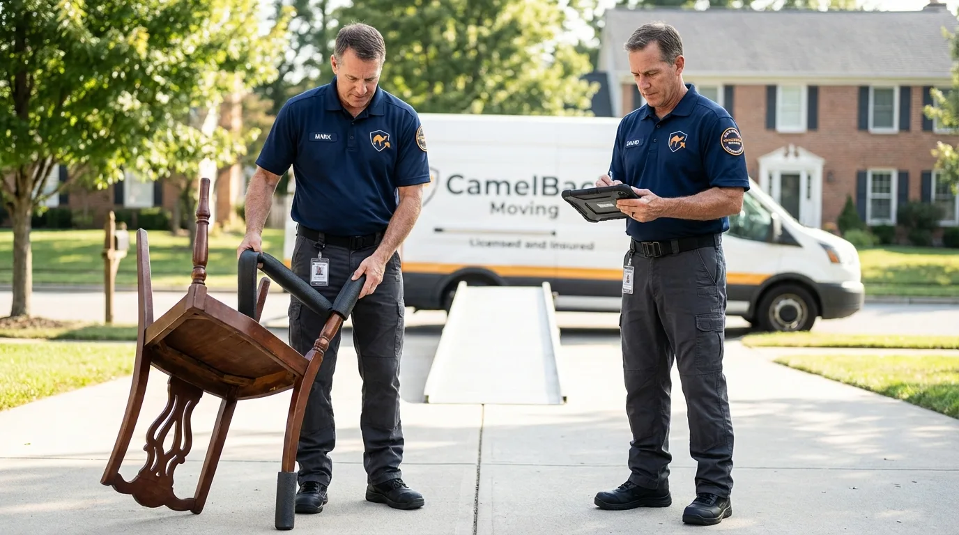 Movers inspecting furniture for damage prevention before loading in Wausau, WI
