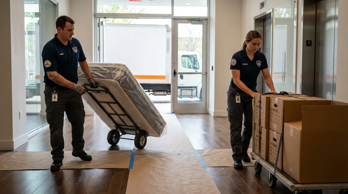 Professional apartment movers loading elevator in Wausau, WI